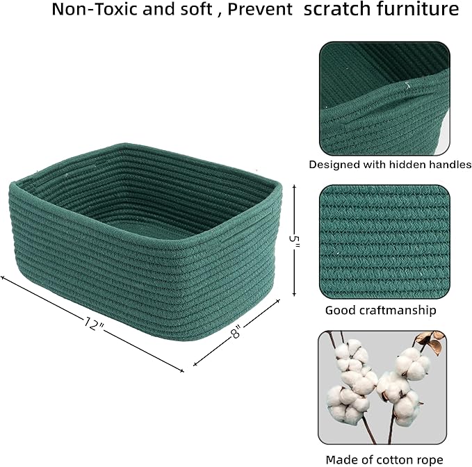 Small Woven Storage Baskets 12“X8”X5“ Decorative Rope Bins for Organizing Shelves, Closets, and Toys, Empty Gift Baskets, Cute Organizer Basket for Home and Office (dark green, regular)-Ruum Studio Home