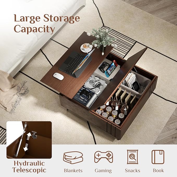 36.2" Lift Top Coffee Table with Storage, Large Square Coffee Tables with Hidden Compartment, Mid Century Modern Center Table for Home Office,Living Room,Dark Walnut-Ruum Studio Home