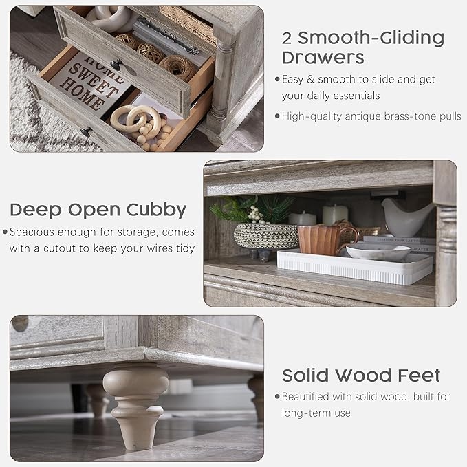 T4TREAM 24'' Farmhouse End Table w/4 Solid Wood Feet, Large 2 Drawers Wide Sofa Side Table with Charging Station, Tall Rustic Wood Square Nightstand for Living Room, Bedroom, Office, Light Rustic Oak-Ruum Studio Home