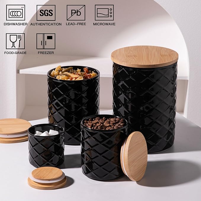 Sweejar Ceramic Canisters Sets for Kitchen Countertop, Relief Food Storage Jar with Bamboo Lid, Stackable Container for Flour, Coffee, Pasta, Cereal, Tea, Cookies, Sugar, Spices, Pack of 4 (Black)-Ruum Studio Home