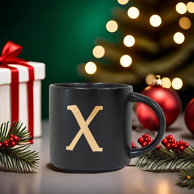 COLLECTIVE HOME - Monogram Ceramic Mugs, 15 oz Golden Initial Black Coffee Cups, Elegant Alphabet Tea Mugs, Elegant Personalized Mug with Gift Box, Unique Mug with Double Side Capital Lette (X)-Ruum Studio Home