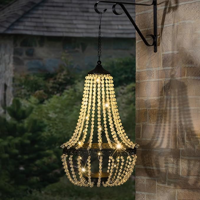 Hanging Solar Chandelier Outdoor, 30 Warm White Lights Acrylic Clear Beaded Chandelier with S Hooks Modern Lantern for Garden Yard Patio Gazebo Decorations, 28”H-Ruum Studio Home