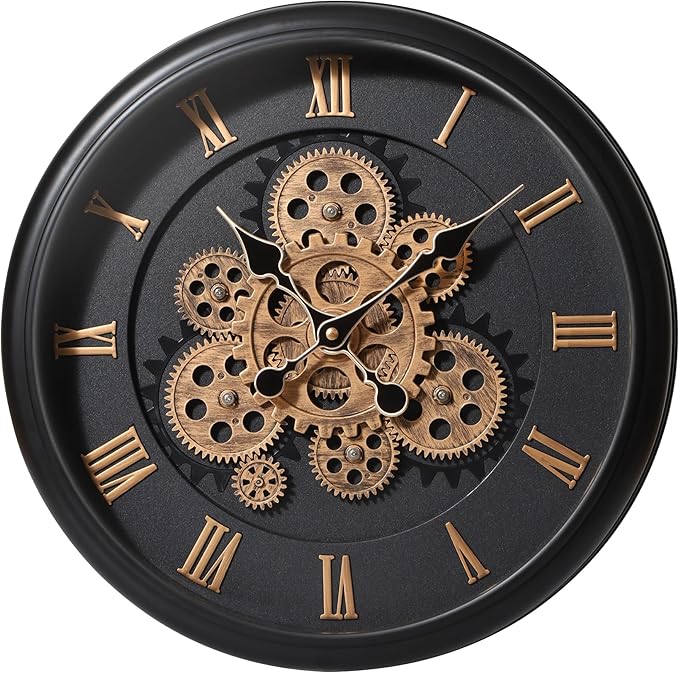 Maxstar Large Moving Gear Wall Clock,16" Vintage Mechanical Battery Operated Industrial Wall Clocks for Farmhouse Living Room,Home Office, Dinning Room, Kitchen, Steampunk Decor-Black,Roman Numeral-Ruum Studio Home