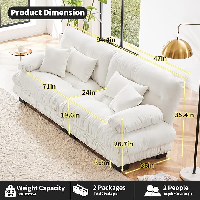 Loveseat Modular Sectional Sofa, Cloud Couch 2 Seater Sectional Couch Home Sofa Living Room Oversized Couch, Modern Deep Seat Couch with Chaise with Round Bolster Armrests 4 Pillows(White)-Ruum Studio Home