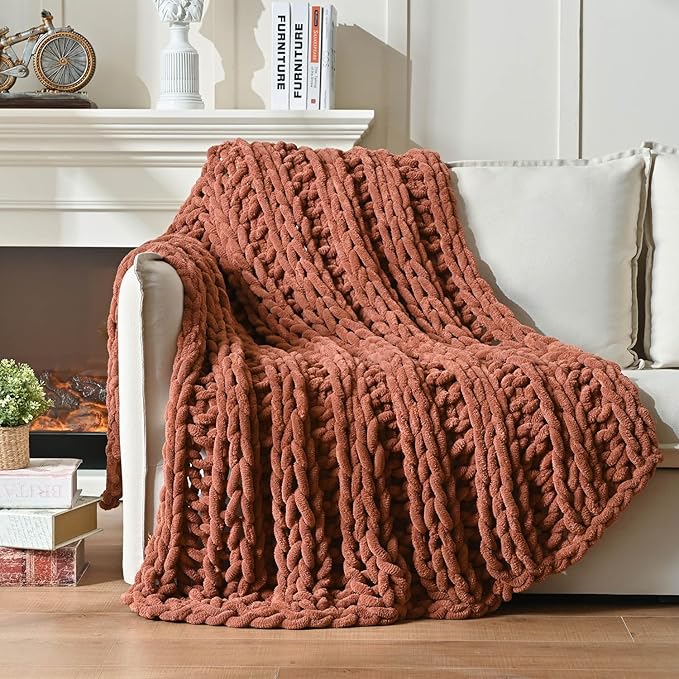 Esterra Chunky Knit Blanket Throw, 100% Handmade Chenille Throw Blanket 50"x60", Soft Thick Yarn Cable Knit Crochet Throw Blanket Rope Knot Throw for Couch Bed Sofa, Copper Brown-Ruum Studio Home