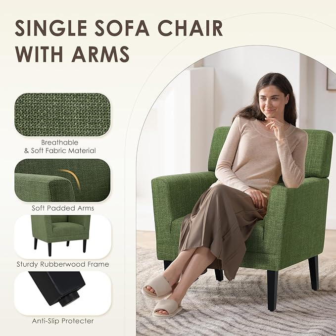 COLAMY Accent Chair Set of 2 for Living Room, Modern Upholstered Fabric Accent Armchair with Back, Soft Single Sofa Chair with Arms for Bedroom/Office/Reception Room, Green-Ruum Studio Home