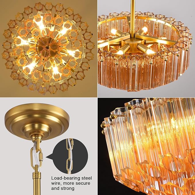 Modern Amber Glass Chandelier, 14" Round Crystal Dining Room Pendant Light Chandelier, Luxury Brass Hanging Fixture for Bedroom, Gold Kitchen Island Light, Dimmable Small Ceiling Lighting Chandeliers-Ruum Studio Home