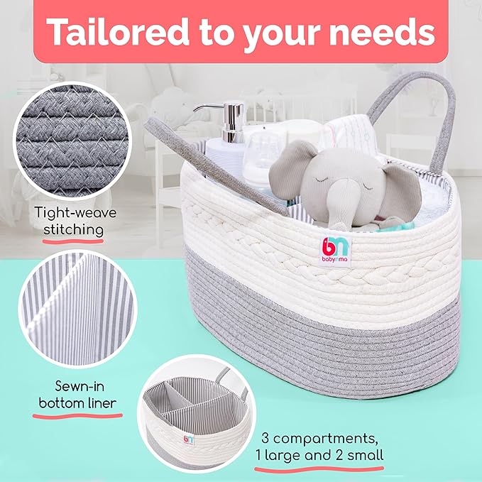 Rope Diaper Caddy - Storage for Baby and Toddler Items - Portable Cotton Organizer Easily Holds Diapers, Wipes, Clothing - Useful for Nursery, Bedroom (Gray, Extra Large)-Ruum Studio Home