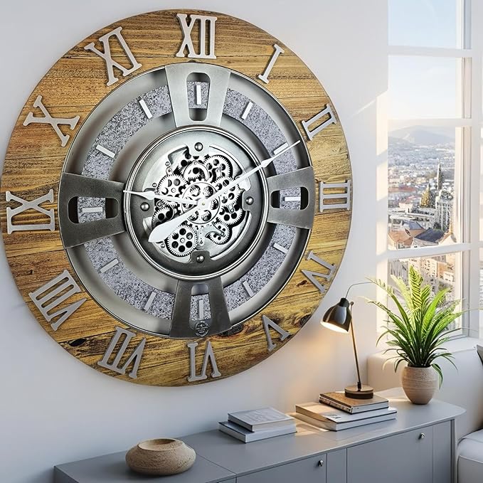 The Gears Clock Real Moving Gear Wall Clock England Line (Wood & Stone, 36 inches (90 cm))-Ruum Studio Home