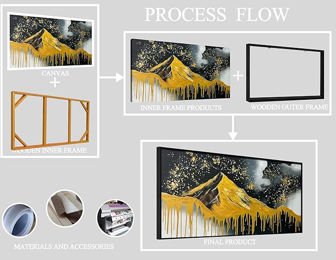 Gold Mountains Painted Wall Art for Living Room - Hand Painted Abstract Wall Art for Office - Black Framed Wall Art for Bedroom Size 29" x 59"-Ruum Studio Home