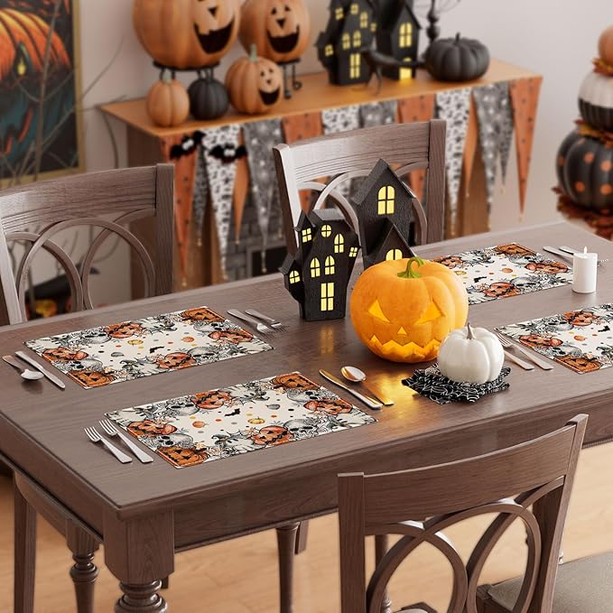 XCHI Spooky Skeleton Ghost Pumpkin Halloween Placemats Set of 4 Table Mats for Party Home Kitchen Dining Table Decorations 12x18 Inch-Ruum Studio Home