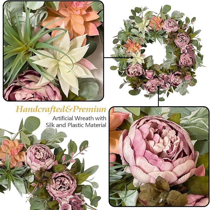 WANNA-CUL 24 Inch Spring Peony Wreaths for Front Door,Succulent Summer Wreath with Pink Peony Floral, Spring Front Door Decor with Succulent Arrangement Decoration-Ruum Studio Home