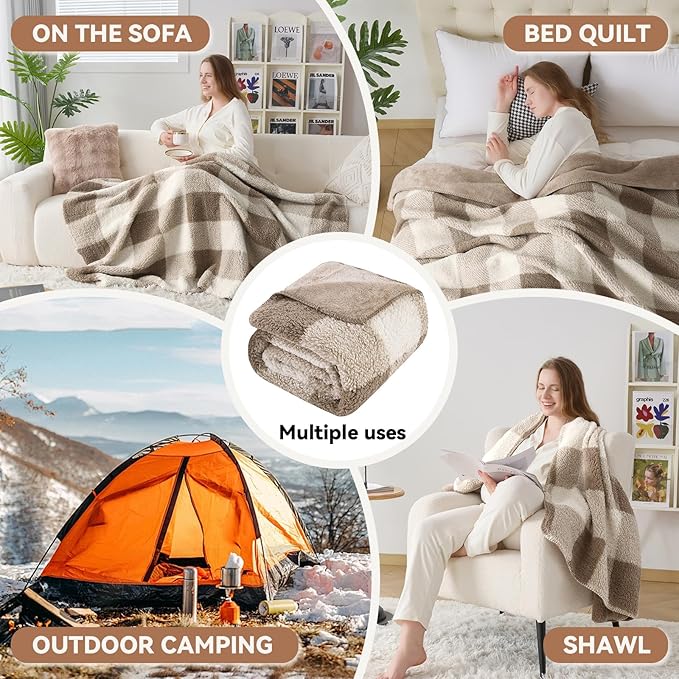 LURKA Checkered Sherpa Fleece Queen-Size Bed Blanket - Extra Thick and Warm Winter Soft Fuzzy Plush Blanket for Couches, Beds & Pets, Khaki, 90x90 Inches-Ruum Studio Home