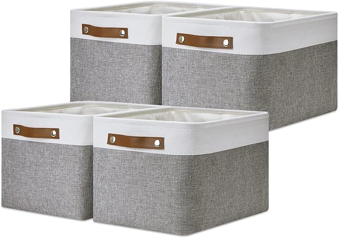 DULLEMELO Fabric Baskets for Storage, Office, Home,Nursery,Organizing Baskets for Shelves, Bedroom, Toys,Gift,Fabric Storage Basket with Handles(White&Grey,15"x11"x9.5",4-Pack)-Ruum Studio Home