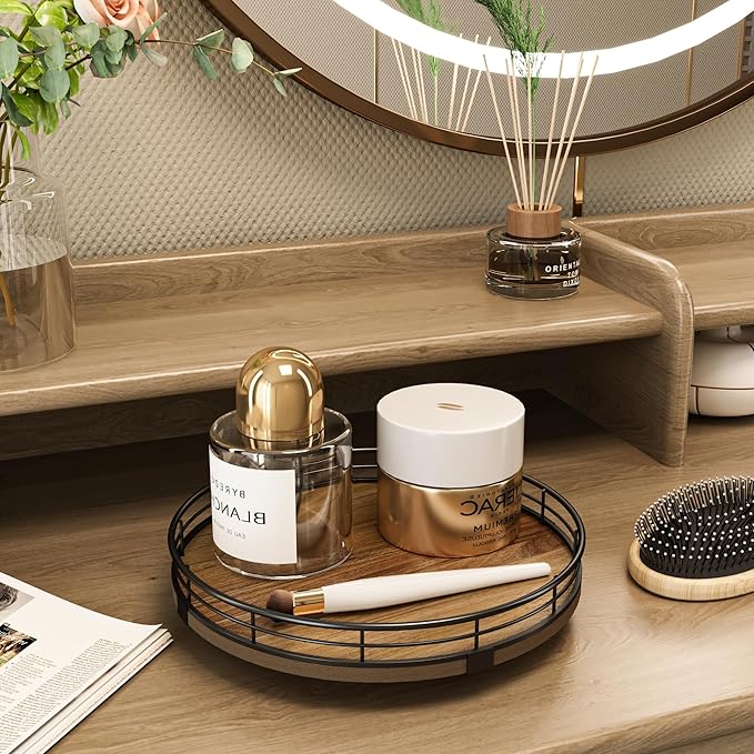 Acacia Wood 9" Bathroom Vanity Tray Turntable, Farmhouse Round Bathroom Countertop Organizer for Soap Perfume, Rotating Organizer for Kitchen Table Centerpieces, Decorative Trays for Coffee Table-Ruum Studio Home