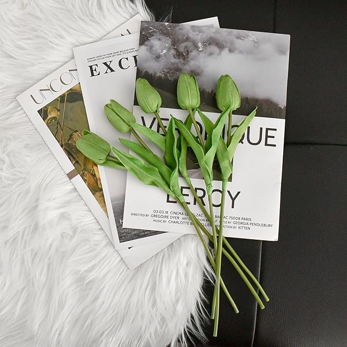 Mandy's Artificial Tulips 20 Stems Green PU Faux Flowers for Wedding Home Decor 13.5 Inch-Ruum Studio Home