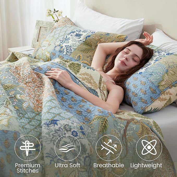 NEWLAKE Quilt Set California King Size, 100% Cotton Patchwork Green Bohemian Quilt Sets, Reversible Bedspread Lightweight and Breathable for All Seasons, Soft Quilted Bedspread with 2 Pillow Shams-Ruum Studio Home
