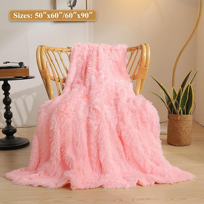 XeGe Luxury Faux Fur Blanket, Pink Soft Big Fluffy Throw, Shaggy Plush Decorative Cute Girls Furry Bed Throw, Fuzzy Blanket for Couch Bedroom Living Room, Pink, 60x90-Ruum Studio Home