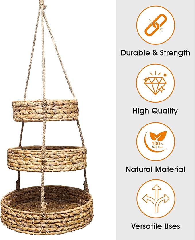 Generic HANFRUBASK - Hanging Fruit Basket Set of 3, Woven Water Hyacinth, Round, Beige, Rustic, Kitchen Storage & Organization-Ruum Studio Home