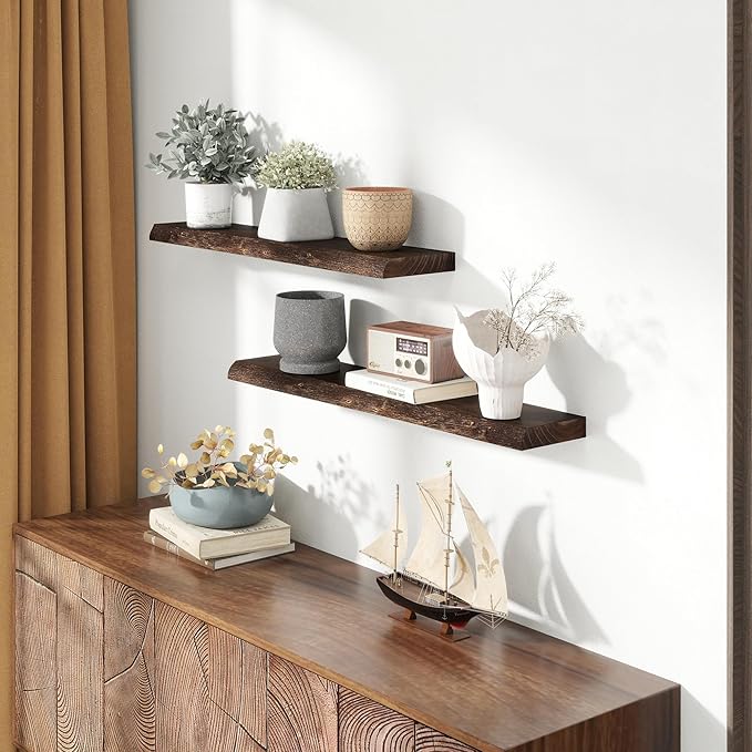 Solid Elm Wood Floating Shelves, 36 Inch Wood Floating Shelves for Wall, Live Edge Wooden Shelves Wall Mounted for Books, Bathroom, Kitchen, Walnut Color, Set of 2-Ruum Studio Home