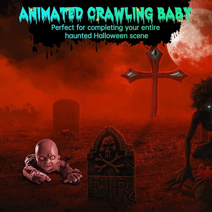 AW Halloween Animated Decoration Crawling Baby Zombie Scary Sound Sensor Activated Ghost Baby Doll Haunted House Flashing Eyes Party Outdoor Decor 2025-Ruum Studio Home