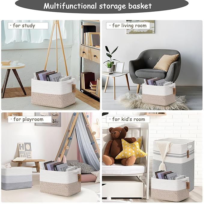COMFY-HOMI Cotton Rope Woven Basket with Handles for Shelves,Toys,Book, Cloth Storage Baskets for Organizing-13.5" x 11" x 9.5" Toy Decorative Organizer for Living Room, Bathroom （White/Brown）-Ruum Studio Home