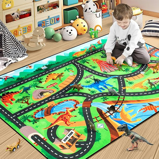 Kids Rug, Car Carpet for Kids' Toy Cars, 6x9 Ft Dinosaur Rug, Dino Safari Road Mat for Playroom, Educational Learning & Game Area Baby Play Mat Carpet for Children-Ruum Studio Home