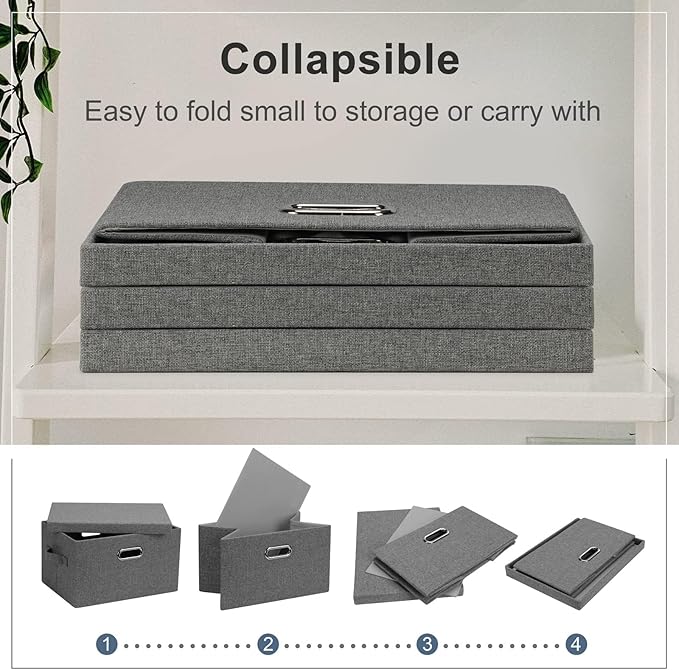 Medium 15" 21 Quart Collapsible Stackable Storage Bins with Lids, 1 Pack Gray Foldable Fabric Closet Storage Boxes with Lids, 4 Handles Heavy-duty Linen Cube Baskets for Bedroom-Ruum Studio Home
