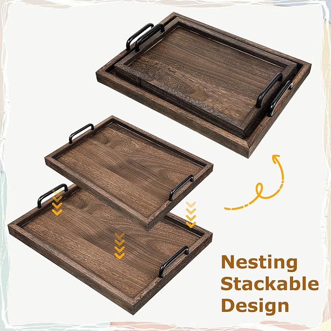 2 Pcs Rustic Wooden Serving Trays with Handle Decorative Nested Vintage Wood Serving Tray Stylish Farmhouse Decor Servings Platters for Eating, Breakfast(Large 15.8x11.8x1.2 in, Small 13.4x9.4x1.2 in)-Ruum Studio Home