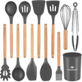 Silicone Cooking Utensils Set, Premium Beech Wood Handle Kitchen Gadgets Utensil Set, Non-Stick Kitchen Utensils Spatula, Tongs, Turner, Whisk, Brush, Spoon, BPA FREE, 446°F Resistant (Dark Gray)-Ruum Studio Home