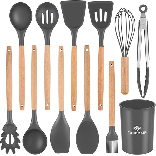 Silicone Cooking Utensils Set, Premium Beech Wood Handle Kitchen Gadgets Utensil Set, Non-Stick Kitchen Utensils Spatula, Tongs, Turner, Whisk, Brush, Spoon, BPA FREE, 446°F Resistant (Dark Gray)-Ruum Studio Home