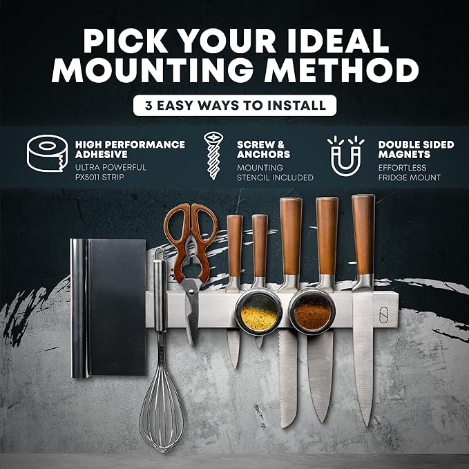 16" Magnetic Knife Holder for Wall with 2x Storage - Safe, Patented Storage Design - Stainless Steel Knife Magnetic Strip, Under Cabinet Knives Storage - Magnet Strip Rack Kitchen Utensil Organizer-Ruum Studio Home