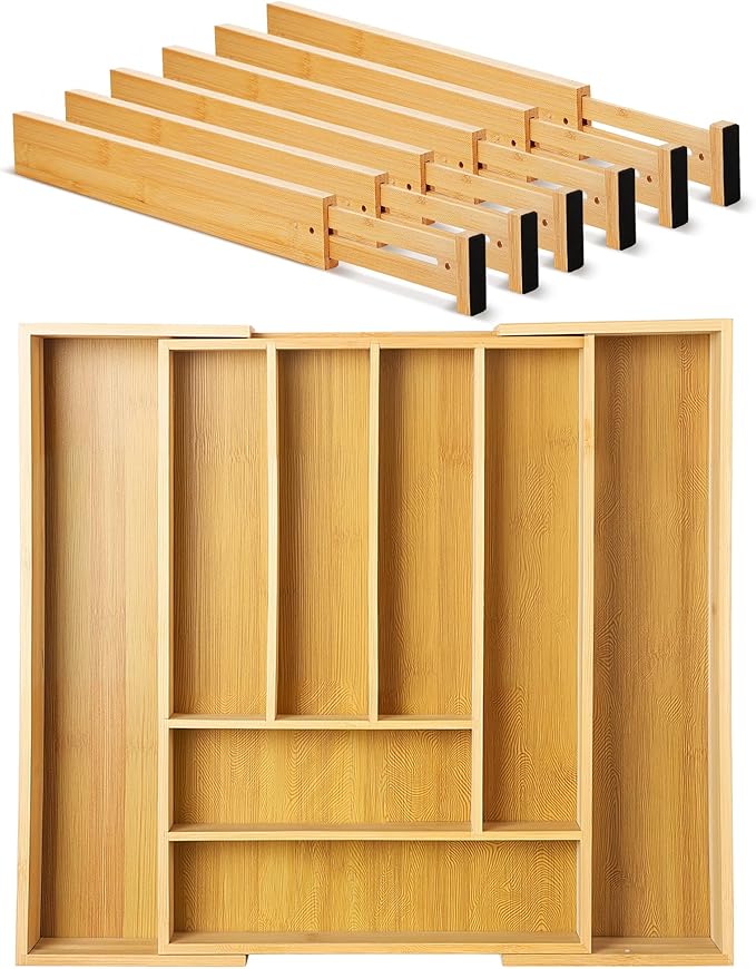 7 Pcs Adjustable Bamboo Drawer Dividers Expandable Drawer Organizers Cutlery Tray Spring Separators Organization for Kitchen Bedroom Bathroom Dresser Office-Ruum Studio Home