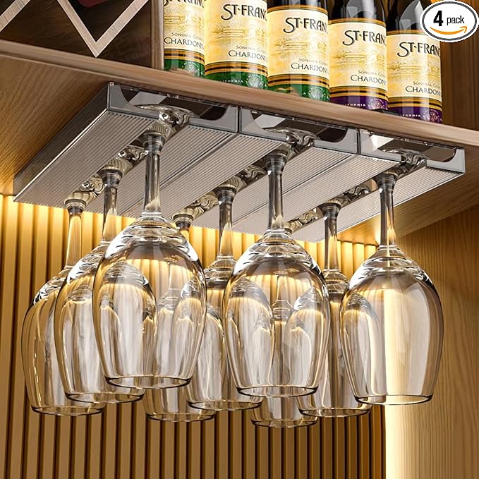 4 Pcs Wine Glass Holder Under Cabinet,Plastic Stemware Rack Punch-free Hanger Under Counter for Bar,Kitchen and Restaurant(Grey)-Ruum Studio Home