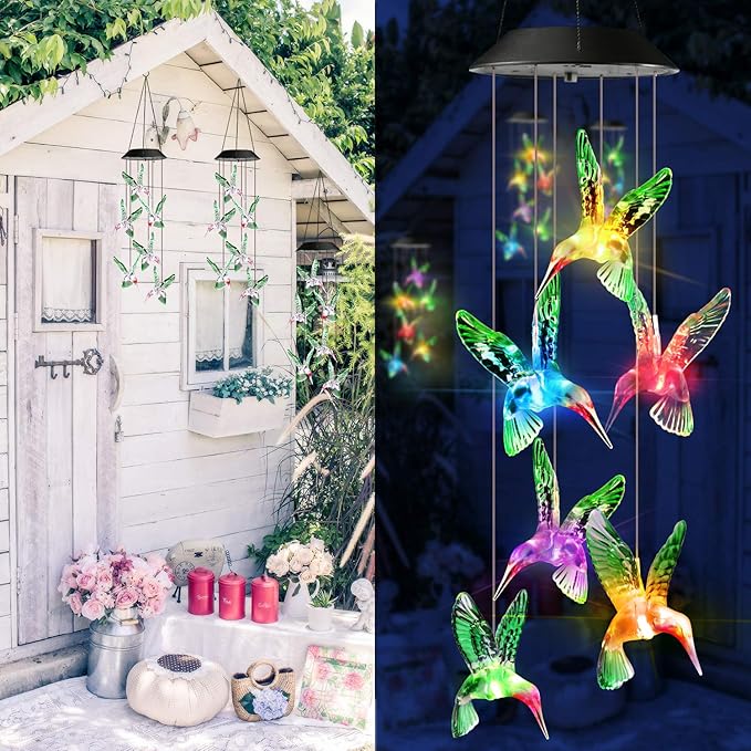 Toodour Solar Wind Chime, Color Changing Wind Chimes Hummingbird, LED Decorative Mobile, Gifts for Mom Grandma, Waterproof Outdoor Decorative Lights for Garden, Patio, Yard, Window Outdoor Decor-Ruum Studio Home