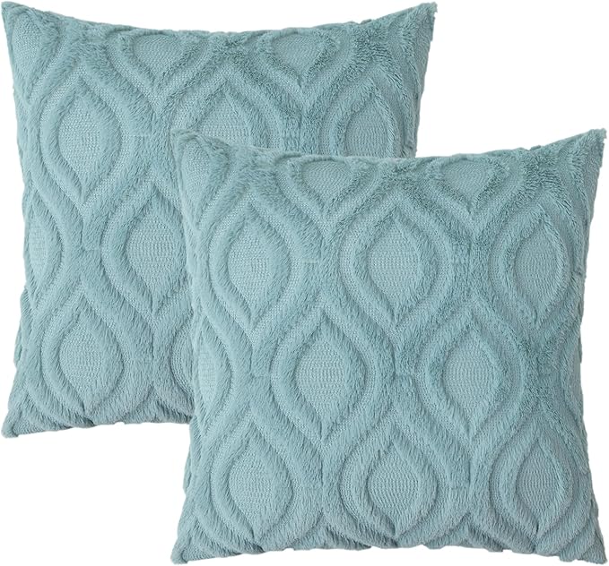 decorUhome Fall Throw Pillow Covers 18x18 Inch Set of 2, Soft Plush Decorative Faux Fur Aqua Solid Couch Pillow Covers, Accent Farmhouse Neutral Square Euro Pillow Cases for Sofa Bed Living Room-Ruum Studio Home