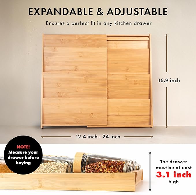 Bamboo Spice Drawer Organizer - Expandable 4 Tier Spice Rack (Need 3" Deep Drawer) 12" to 24" Wide, Seasoning Organizer, Organization Seasoning Rack insert (Jars Not Included)-Ruum Studio Home