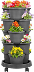 VECELO 5 Tier Vertical Garden Planter, Self Watering Stackable Planters with Wheels for Strawberries, Herbs, Flowers, Vegetables, Dark Gray-Ruum Studio Home