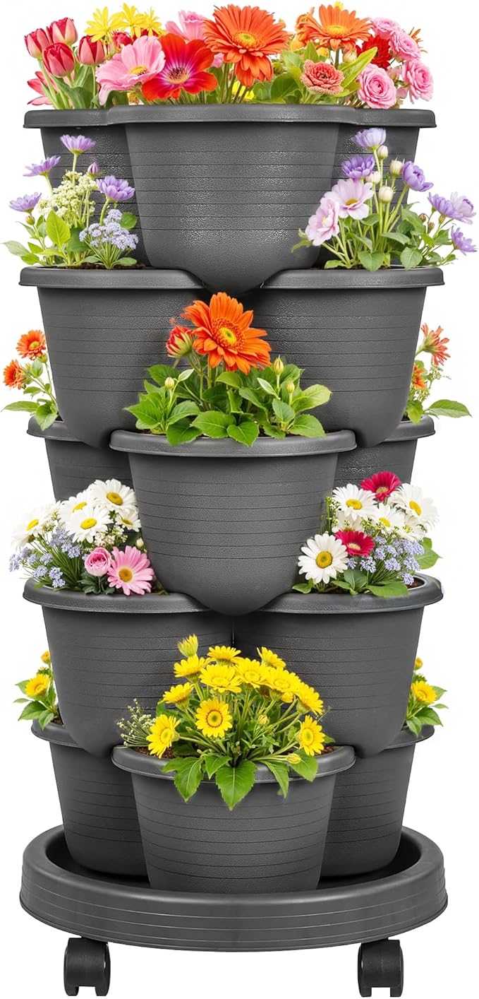 VECELO 5 Tier Vertical Garden Planter, Self Watering Stackable Planters with Wheels for Strawberries, Herbs, Flowers, Vegetables, Dark Gray-Ruum Studio Home