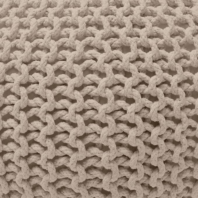 Ornavo Home Pouf Ottoman Foot Rest - 100% Cotton Pouffe - Hand Knitted Cable Braid Cord - Boho Round Stuffed Ottoman for Living Room, Bedroom - Beige-Ruum Studio Home