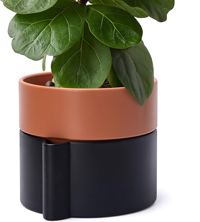 8 Inch Self-Watering Planter Pot with Terracotta Insert, Deep Water Reservoir, and Ceramic-Alike BPA-Free Plastic Planter Pot for Plant, Modern Planter for Houseplants, Black/Terracotta, 53-B-T-5-Ruum Studio Home