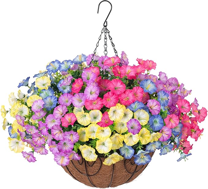 Artificial Faux Hanging Plants Flowers Basket for Outdoors Spring Summer Decoration, Silk Morning Glory Eucalyptus Look Real UV Resistant Fake Flowers for Porch Outside Patio Balcony Yard Home Garden-Ruum Studio Home