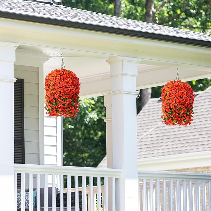Artificial Fake Hanging Flowers Plants Baskets for Outdoor Fall Decoration, Faux Silk Orange Morning Glory in Planter UV Resistant Look Real for Home Porch Patio Balcony Yard Decor-Ruum Studio Home
