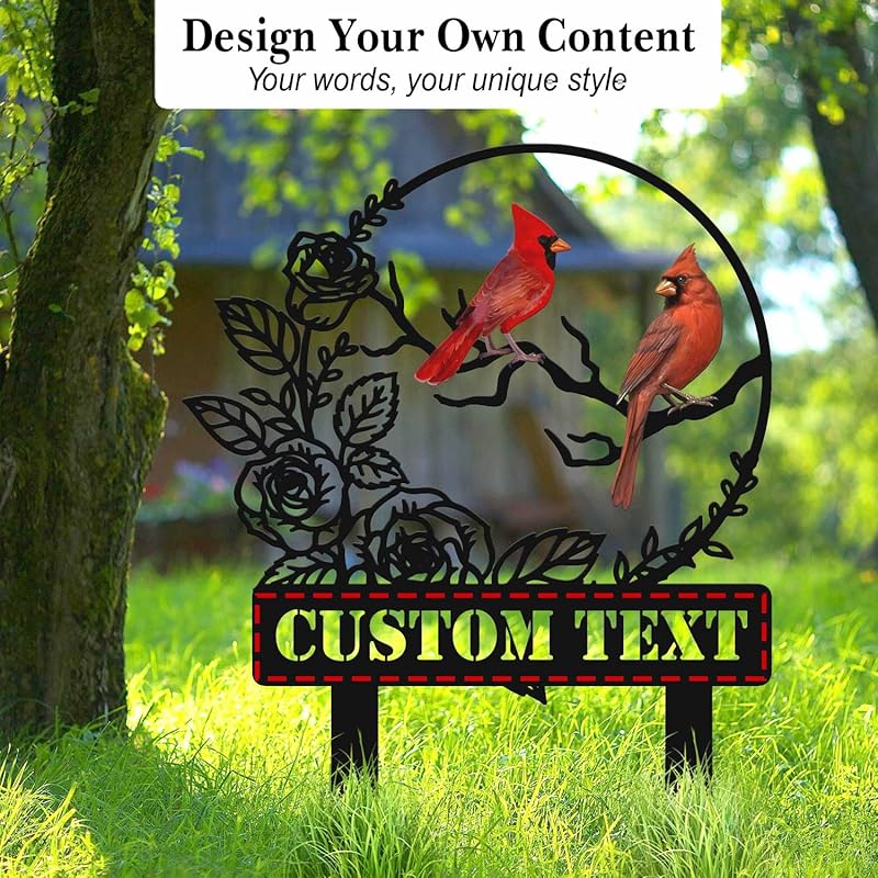 Personalized Garden Name Signs with Stake, Custom Red Bird Metal Decor Decorative Outside, Yard Outdoor Art Gift for Mom Grandmother, Patio House Warming Gifts New Home-Ruum Studio Home