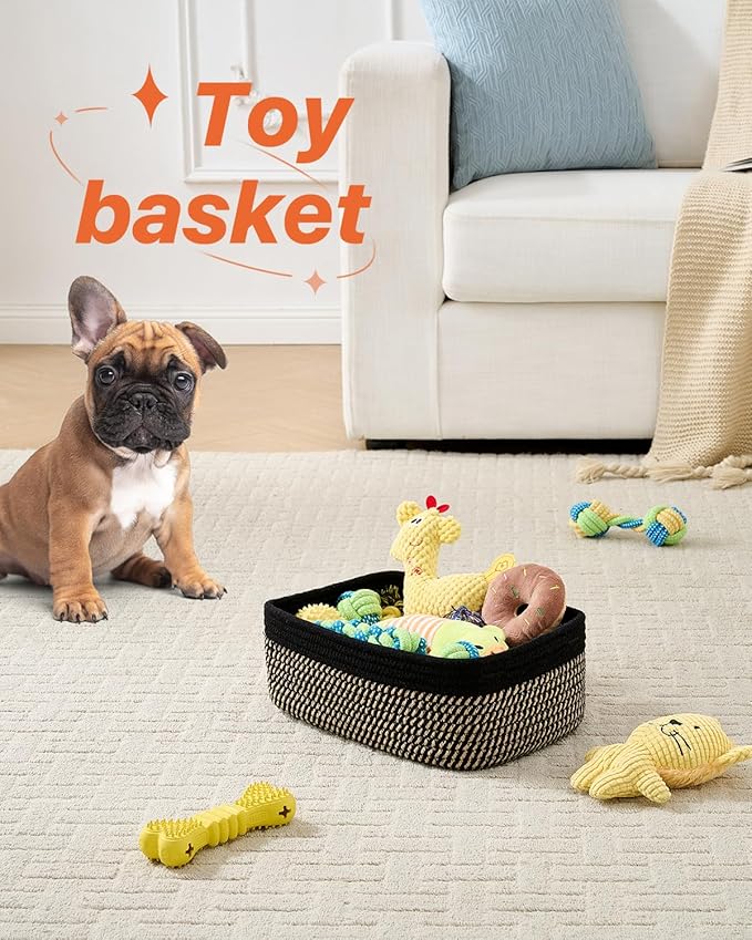 KALLAX Small Woven Basket, 12 x 8 x 4.5 Inches, Storage Basket for Organizing, Cute Small Rope Shelf Closet Cube Storage Bins Baskets for Shelves, Dog Toy Gift Baskets Empty, 3 Pack Black & Brown-Ruum Studio Home