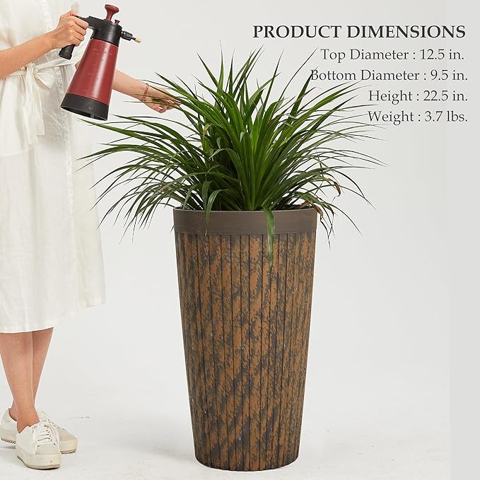 Worth Garden 22.5" H. Plastic Planters - Set of 2 Vintage Brown Tall Conical Plant Pots for Indoor Outdoor Use - Decorative Lightweight Flower Pots for Front Porch, Patio, Deck - 12.5" Dia x 22.5" H-Ruum Studio Home