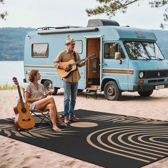 GENIMO Outdoor Rug 9' x 12' Waterproof for Patio Clearance, Reversible Lightweight Plastic Straw Camping Carpet, Large Area Rugs Mats for Rv, Backyard, Deck, Porch, Picnic, Balcony, Mix-Black & Brown-Ruum Studio Home