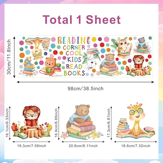Reading Corner Decor,Reading Books Wall Decals,Learning Study Wall Stickers,Cartoon Animals Window Decals,Giraffe Bear Rabbit Read Books Stickers for Toddler Nursery Bedroom Classroom School-Ruum Studio Home