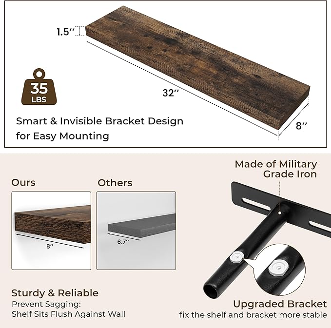 RICHFOCUS 31.5Inch Floating Shelves for Wall 2 Pack Shelves for Bedroom|Kitchen|Bathroom Wall Mounted Rustic Wood Floating Shelf with Invisible Brackets for Books|Storage|Decor, Rustic Brown-Ruum Studio Home