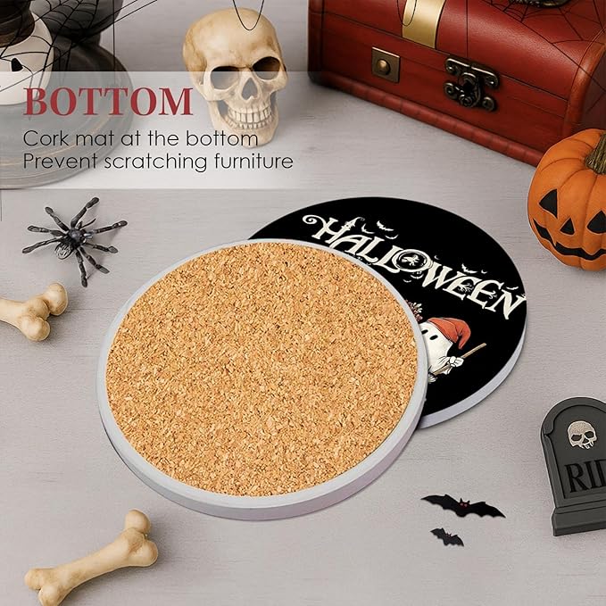 Coaster for Drinks Set of 6, Halloween Black and White Ghost Pumpkins Absorbent Round Ceramic Stone Mat, with Cork Base and Metal Holder, Gift for Housewarming Room Bar Decor-Ruum Studio Home